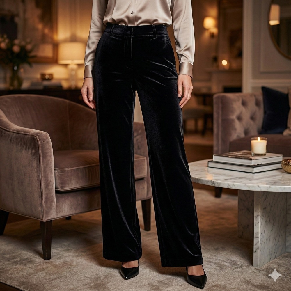 Sofia Vergara Black Velvet Pants Women 2 Wide Leg Palazzo Elegant Flowy Occasion